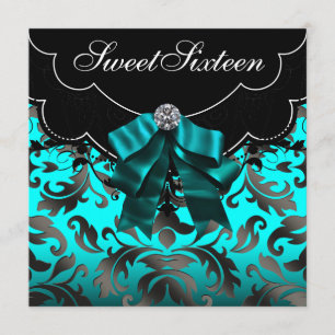 Black Teal Blue Sweet Sixteen Birthday Party Invitation
