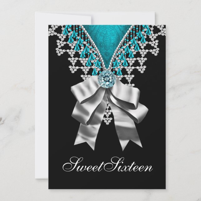 Black Teal Blue Sweet Sixteen Birthday Party Invitation (Front)