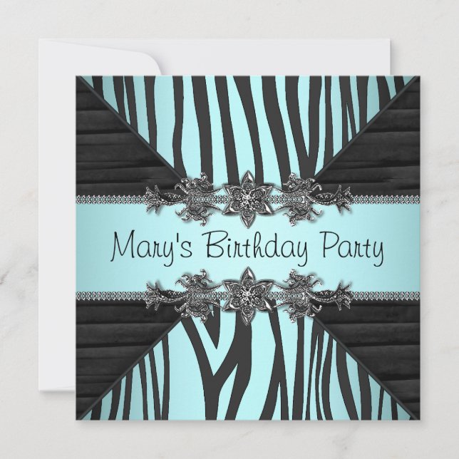 Black Teal Blue Zebra Womans Birthday Party Invitation (Front)