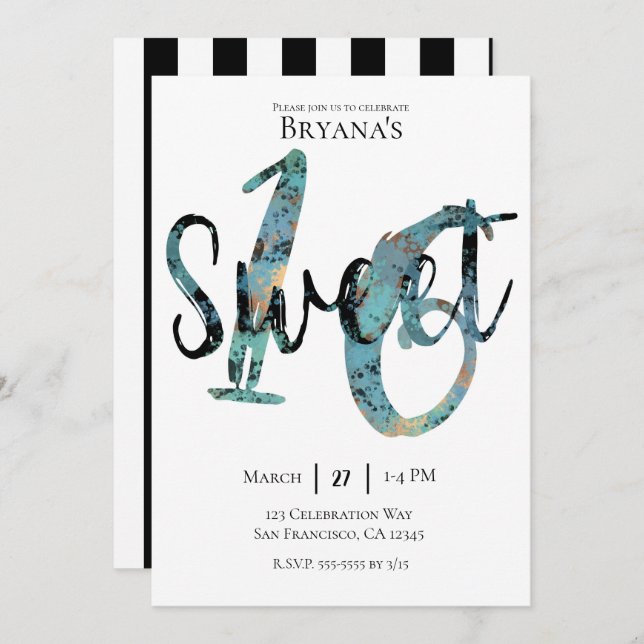 Black Teal Bronze Modern Sweet 16 Birthday Party Invitation (Front/Back)