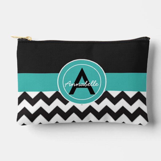 Black Teal Chevron Accessory Pouch (Front)