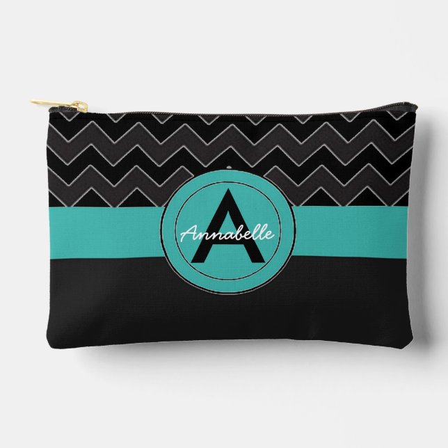 Black Teal Chevron Accessory Pouch (Front)