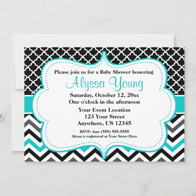 Black Teal Chevron Invitation (Front)