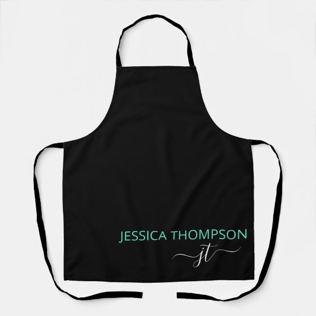 Black Teal Custom Elegant Modern Monogram Name Apron (Front)