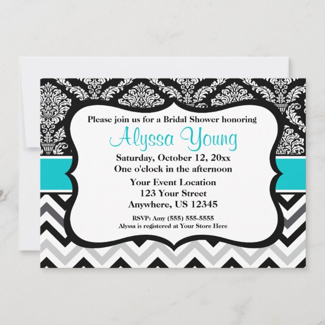 Black Teal Damask Chevron Invitation (Front)