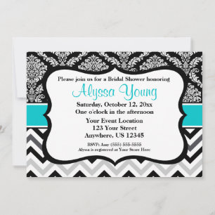 Black Teal Damask Chevron Invitation
