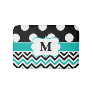 Black Teal Dots Chevron Monogram Bathmat
