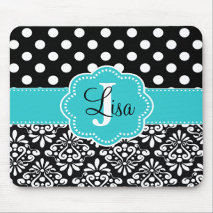 Black Teal Dots Damask Personalised Mouse Pad