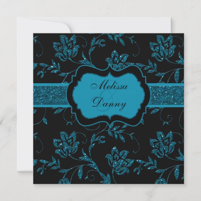 Black Teal FAUX Glitter Floral Engagement Party Invitation (Front)