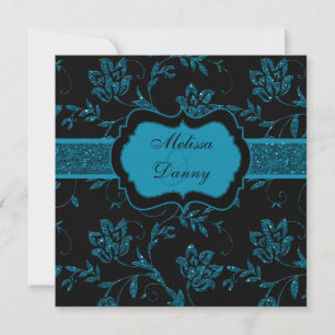 Black Teal FAUX Glitter Floral Engagement Party Invitation