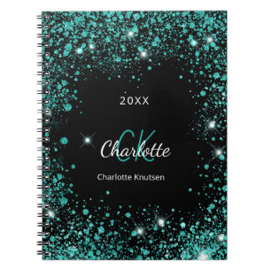 Black teal glitter dust green monogram initials notebook