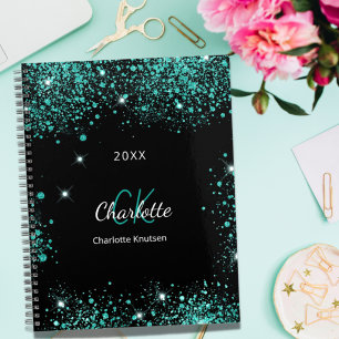 Black teal glitter green monogram initials 2022 planner