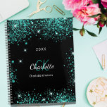 Black teal glitter green monogram initials 2025 planner<br><div class="desc">Black background,  white text. Decorated with teal,  sea green faux glitter dust. Personalize and add your monogram initials,  name and year.</div>