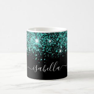 Black teal glitter name glam script coffee mug