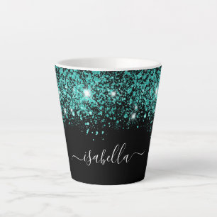Black teal glitter name glam script latte mug
