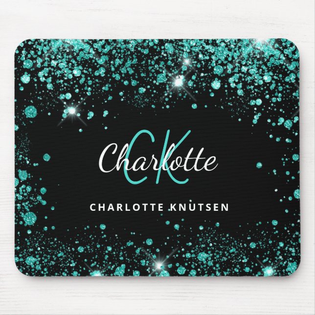 Black teal glitter sea green monogram name mouse pad (Front)