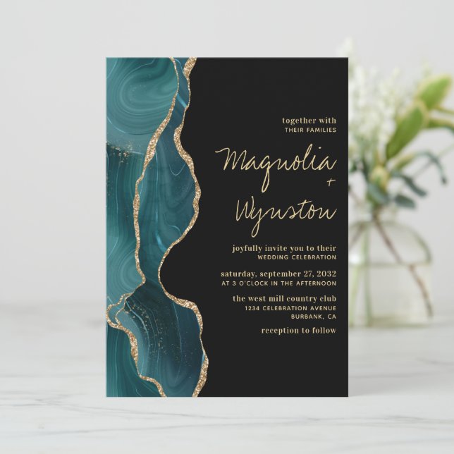 Black Teal Gold Agate Geode Wedding Invitation (Standing Front)