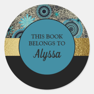 Black Teal Gold Book Name Plate Sticker