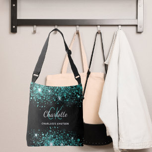 Black teal green glitter dust monogram crossbody bag