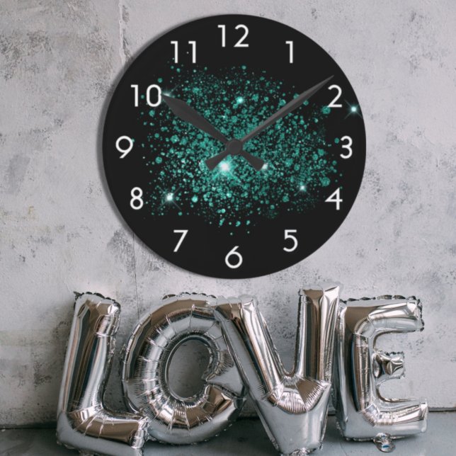 Black teal green glitter dust round clock (Creator Uploaded)