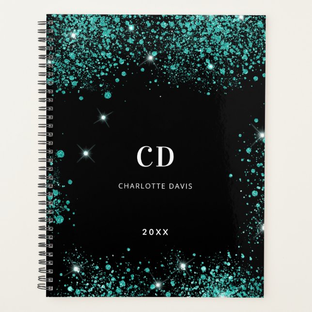 Black teal green glitter monogram initials planner (Front)