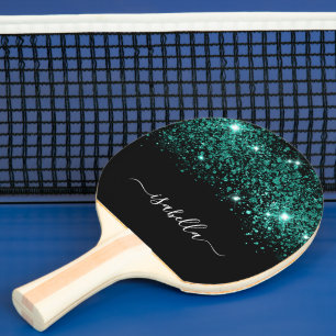 Black teal green glitter monogram name ping pong paddle
