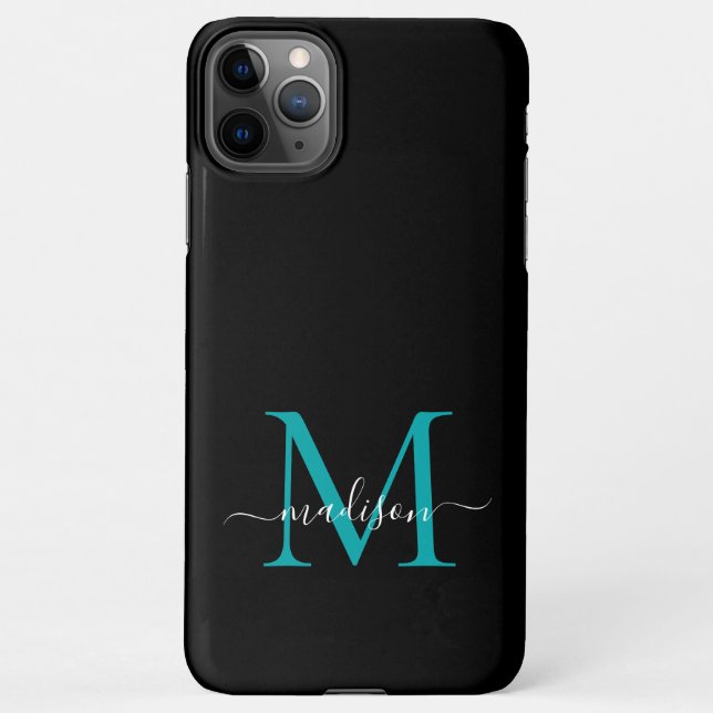 Black Teal Green Monogram Feminine Script Name iPhone Case (Back)