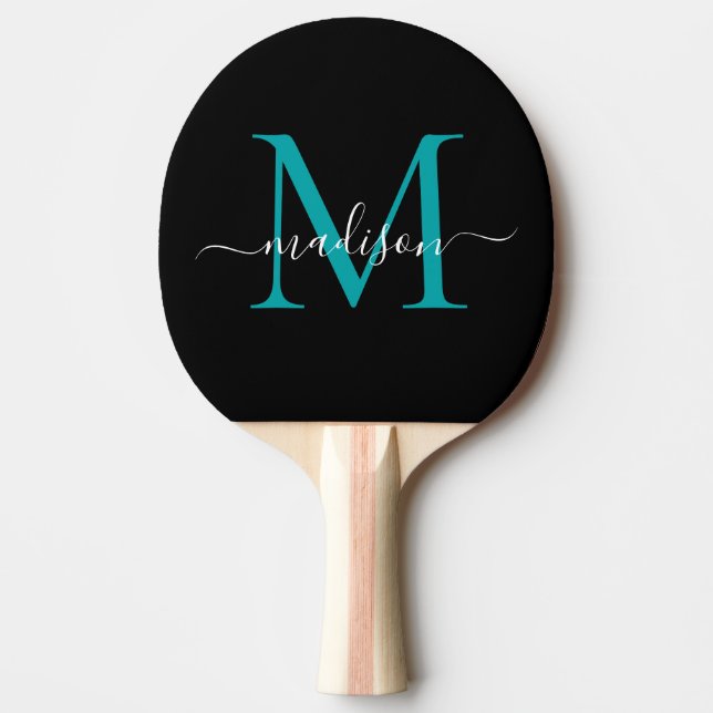 Black Teal Green Monogram Pretty Script Name Ping Pong Paddle (Front)
