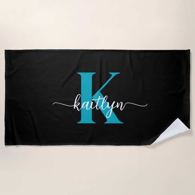 Black Teal Monogram Beach Towel (Front)