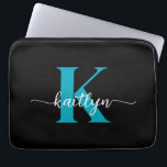 Black Teal Monogram Laptop Sleeve<br><div class="desc">This simple,  elegant black 13" laptop sleeve with your first name in a trendy script font in white and your first initial in a modern cap font in teal is perfect for you.  It's stylish and trendy and yet very classic. It's unique - like you!</div>