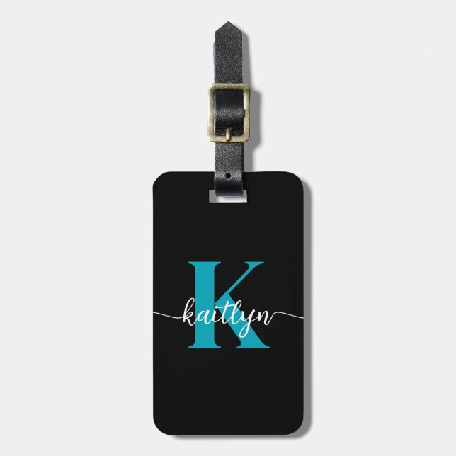 Black Teal Monogram Luggage Tag (Front Vertical)