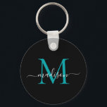 Black Teal Monogram Name Elegant Modern Script Key Ring<br><div class="desc">Simple Black Teal Green Monogram Elegant Modern Script Keychain</div>