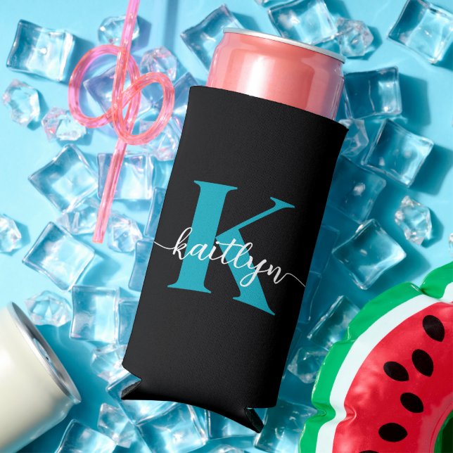 Black Teal Monogram Seltzer Can Cooler (In Situ Summer)