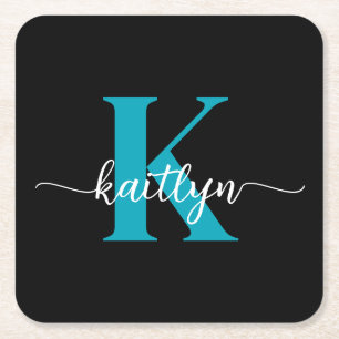 Black Teal Monogram Square Paper Coaster