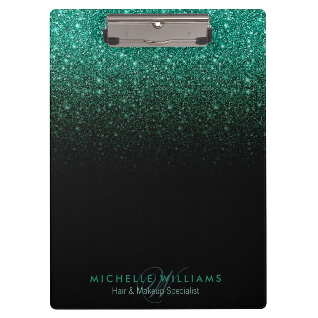 Black teal ombre glitter sparkles Monogram Clipboard (Front)