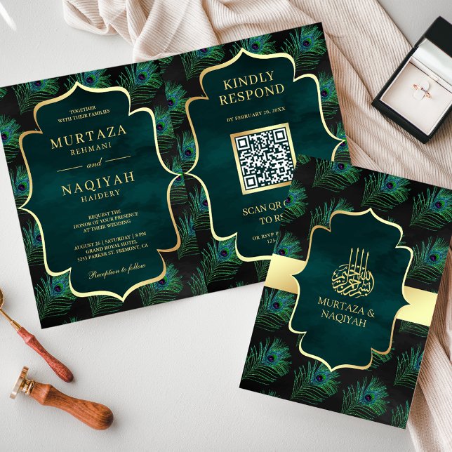 Black Teal Peacock Feathers QR Code Muslim Wedding Invitation (Creator Uploaded)