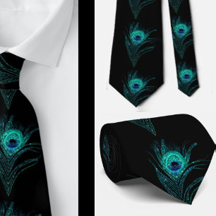 Black Teal Peacock Feathers Weddings Neck Tie
