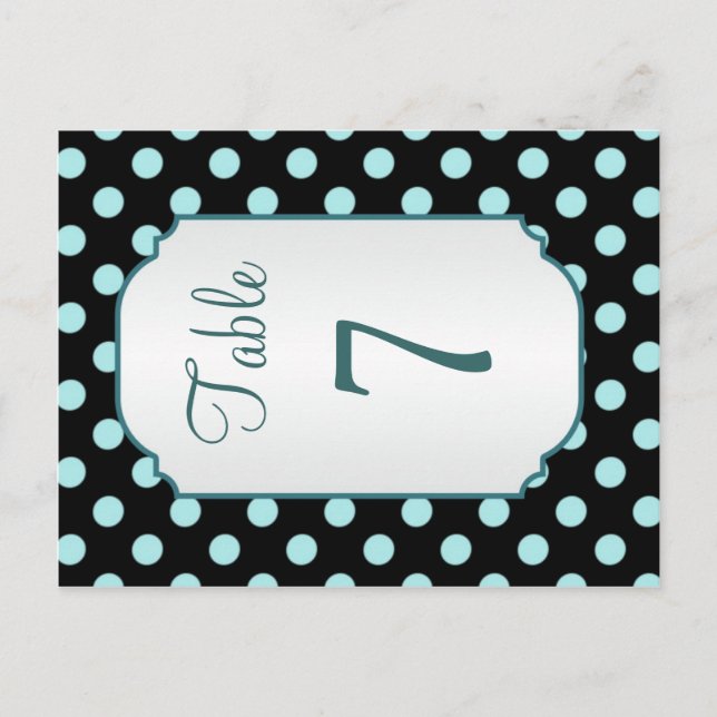 Black teal polka dot Table Number Postcard (Front)