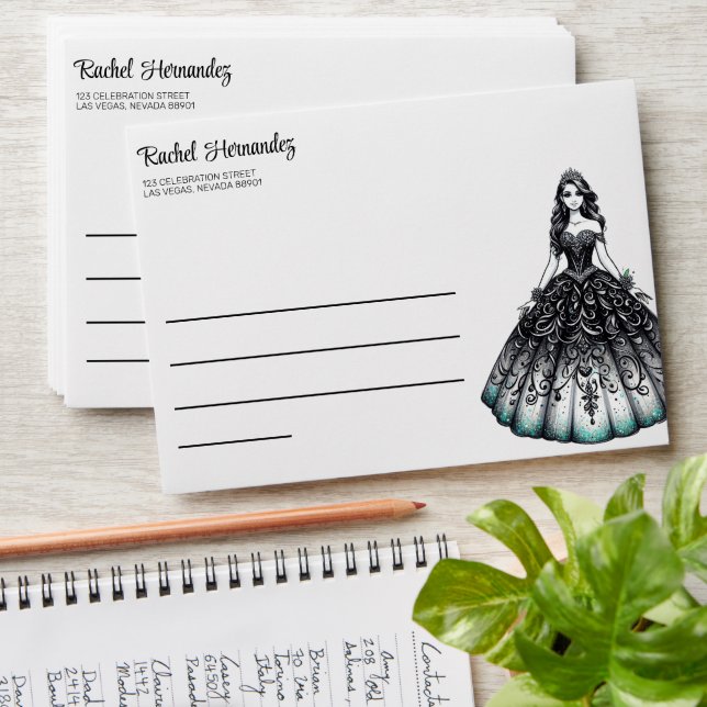 Black & Teal Quinceañera Girl Envelope (Stacked)