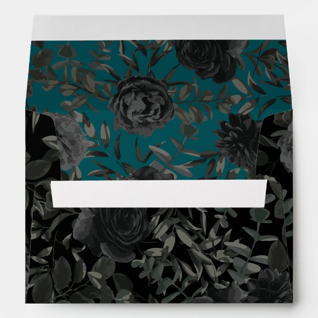 Black Teal Rose Gothic Elegant Wedding Envelope (Back (Bottom))
