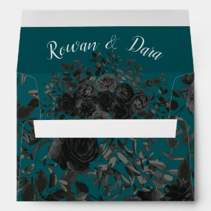 Black Teal Rose Gothic Elegant Wedding Envelope