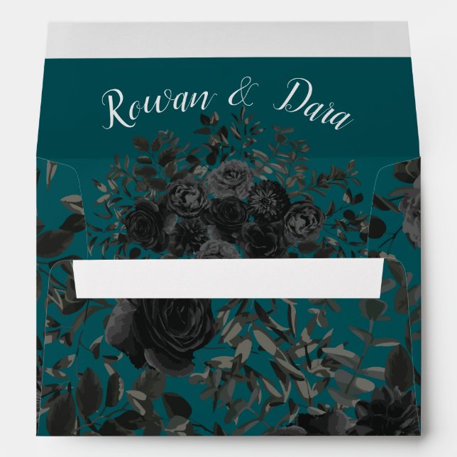 Black Teal Rose Gothic Elegant Wedding Envelope (Back (Bottom))