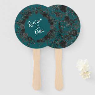 Black Teal Rose Gothic Elegant Wedding Hand Fan