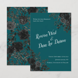 Black Teal Rose Gothic Elegant Wedding Invitation