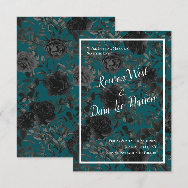 Black Teal Rose Gothic Elegant Wedding Invitation (Front/Back)