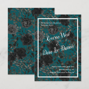 Black Teal Rose Gothic Elegant Wedding Invitation