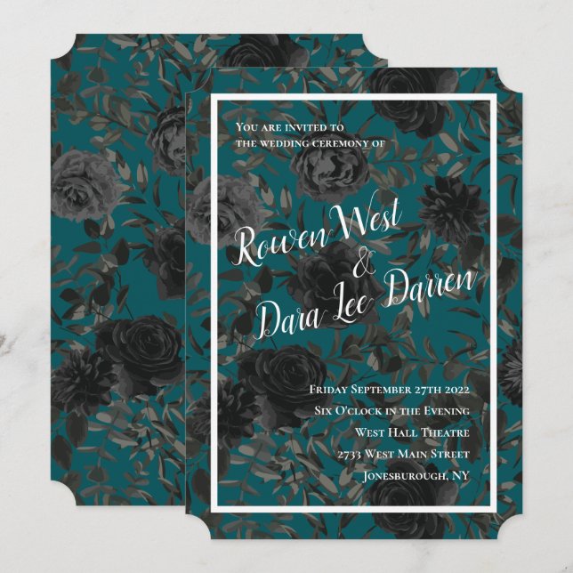 Black Teal Rose Gothic Elegant Wedding Invitation (Front/Back)