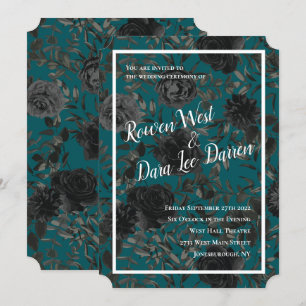 Black Teal Rose Gothic Elegant Wedding Invitation