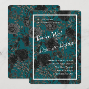 Black Teal Rose Gothic Elegant Wedding Invitation