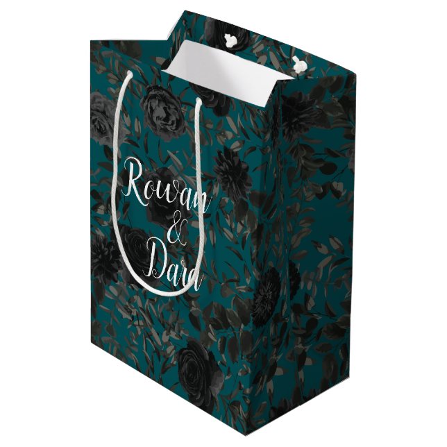 Black Teal Rose Gothic Elegant Wedding Medium Gift Bag (Back Angled)